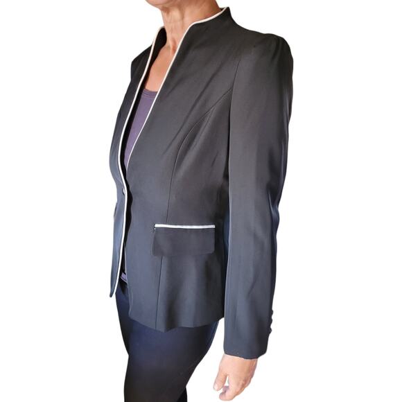 NWT Mfrannie Black White Trim Blazer Women Medium Tailored One Button Career NWT - Picture 3 of 10